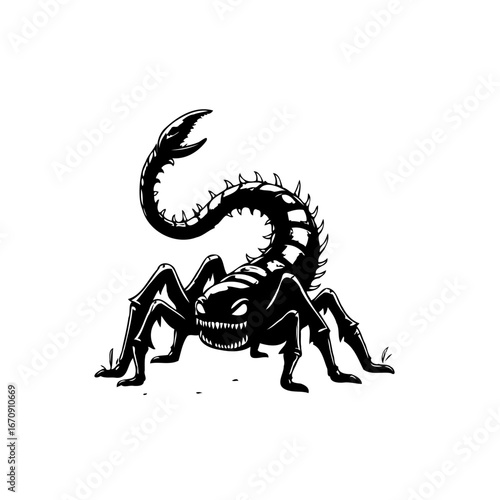 Monochromatic creature illustration showing a stylized arachnid design with spiky tail and