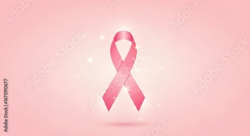 Pink ribbon, symbol of breast cancer awareness, floating against a soft pink background with subtle sparkles.