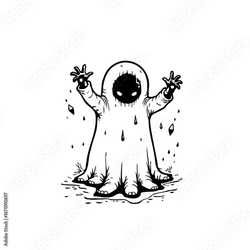 Monochromatic ghostly apparition evoking mystery and childhood wonder with a playful yet spectral