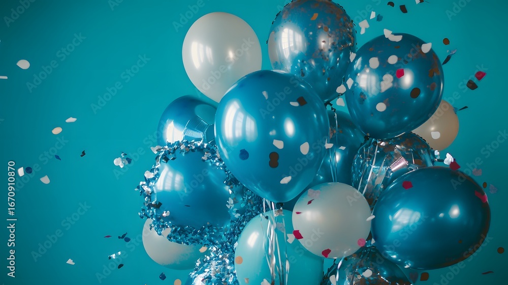 Fototapeta premium Festive Blue and White Balloons with Confetti Burst