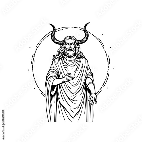 Monochrome depiction reveals mythical figure bearing symbolic horns standing amidst a celestial