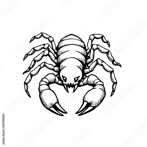 Monochrome depiction of arachnid with menacing pincers and segmented body a detailed graphic