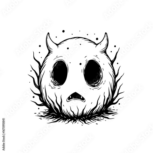 Monochrome horned creature with sorrowful expression surrounded by dark spiky elements