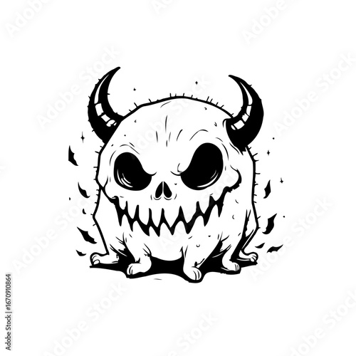 Monochrome impish entity with intimidating horns a skull face and fierce expression emitting