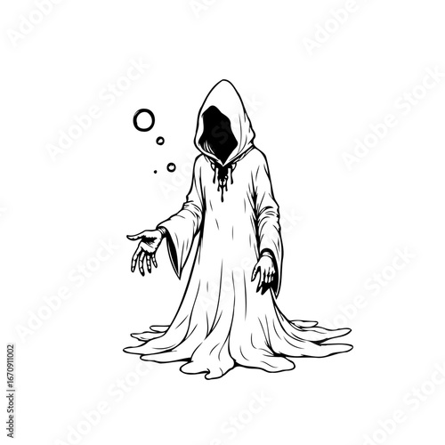 Mysterious cloaked figure isolated evokes fantasy and dark realms with haunting bubbles creating