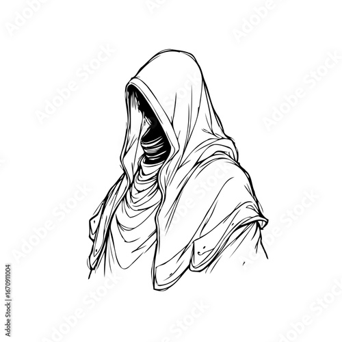 Mysterious cloaked figure evokes intrigue in monochrome illustration depicting anonymity and