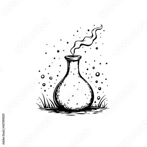 Mysterious concoction brewing in a glass vessel, emanating a swirling vapor with floating