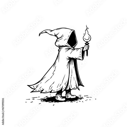 Mysterious figure holding torch in a dark cloak exploration of unknown realms black and white ink