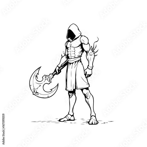 Mysterious hooded warrior wielding a formidable axe in black and white illustration strength and
