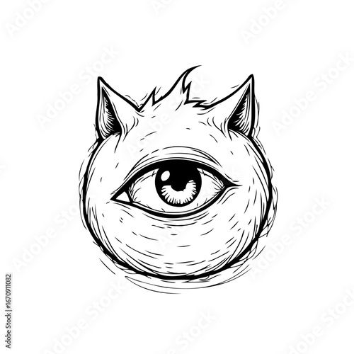 Mystic one eyed sphere with feline ears and spiky hair drawing of a whimsical creature