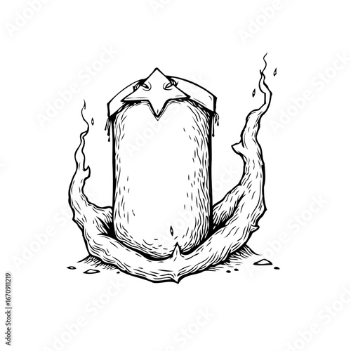 Mystical tombstone illustration with curling branches and ethereal glow creating a haunting and