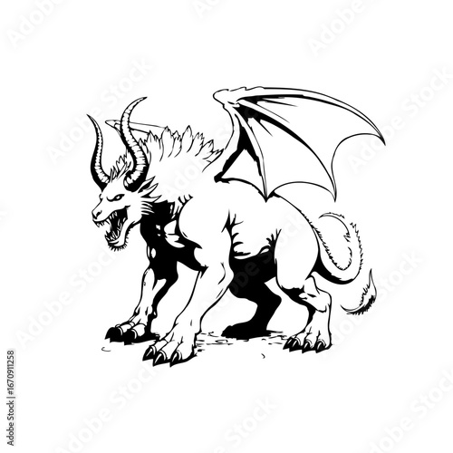 Mythical creature illustration displaying demonic presence, a fantasy beast with prominent horns