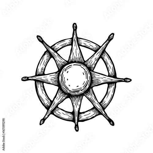 Nautical antique helm illustration representing maritime history and navigation in black and white