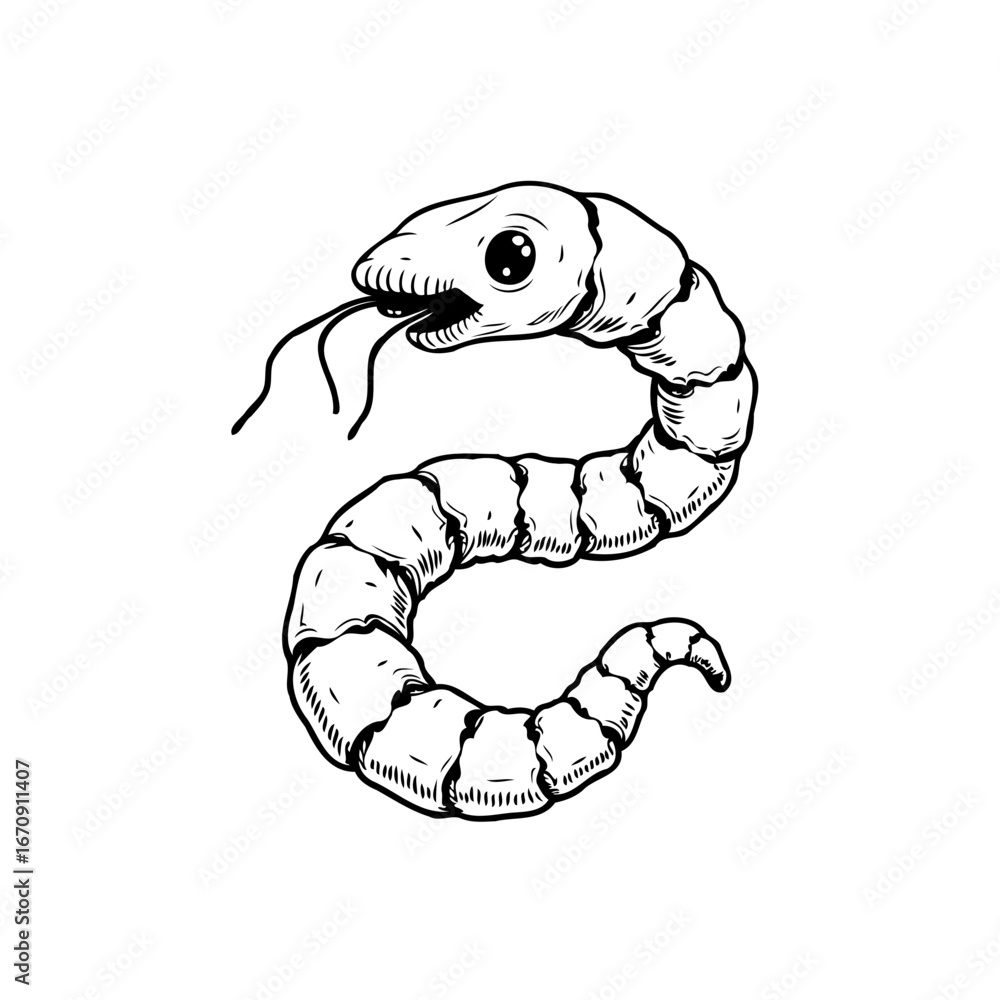 Fototapeta premium Serpentine sketch: A curious stylized worm illustration with unique anatomical features and