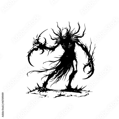 Silhouette of a shadowy creature with gnarled limbs evokes darkness fantasy horror gothic themes