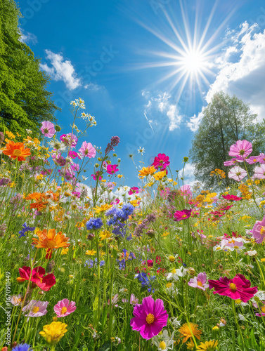 Wildflowers blooming under summer sun in idyllic meadow