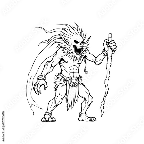 Sinister creature with jagged teeth and a skeletal face wielding a twisted staff illustration for