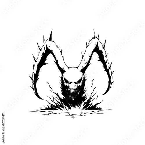 Sinister creature with long thorny arms and sharp teeth against stark white backdrop unleashing