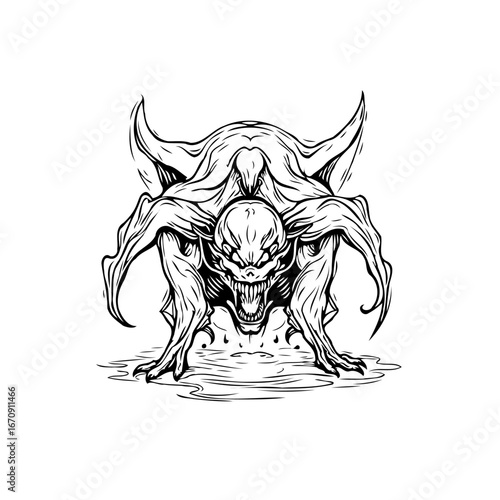 Sinister creature illustration featuring sharp teeth and claws in a dark fantasy style drawing