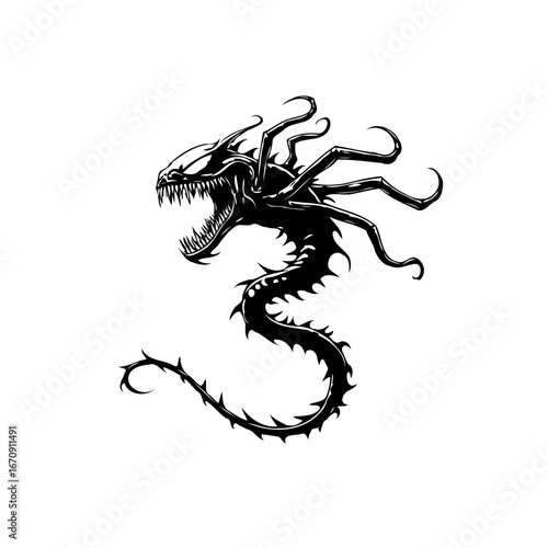 Sinister serpentine creature illustration showcasing a monstrous figure with sharp teeth and