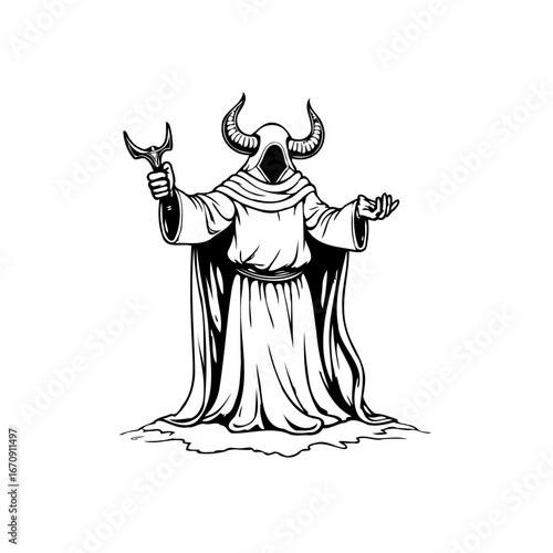 Sinister horned figure in draped robes wielding arcane instrument conveys mystery and dark power