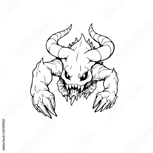 Stylized ferocious horned monster illustration with sharp claws and menacing facial features
