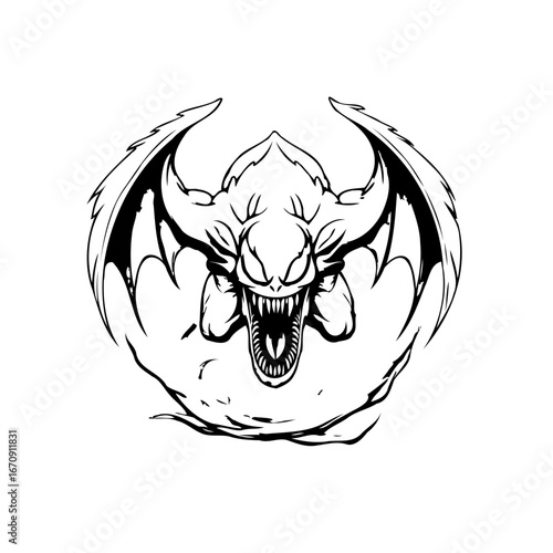 Stylized grotesque winged creature illustration, stark monochrome design conveying fantastical