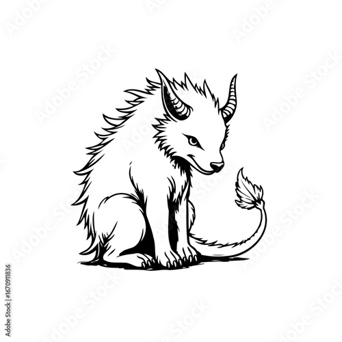 Stylized horned creature drawing illustration embodying mystical beast concept and a fantasy world