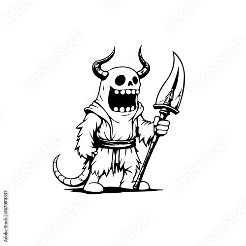 Stylized horned creature wielding a spear in black and white illustration presents whimsical yet