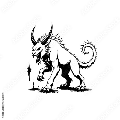 Stylized monochrome depiction of a horned spiky mythical beast creature showcasing ferocity and