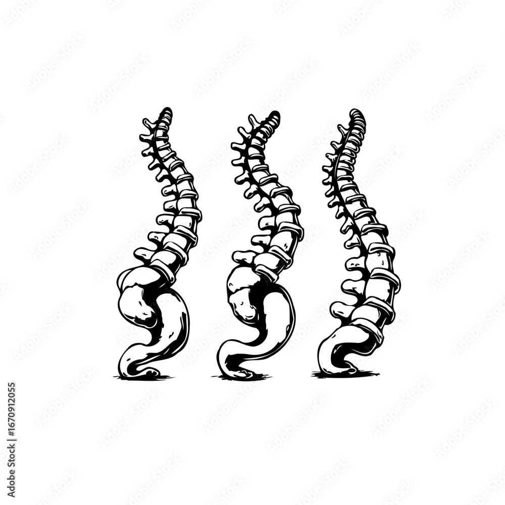 Naklejka premium Three anatomical spines presenting vertebral column structures and spinal curve in a graphic style