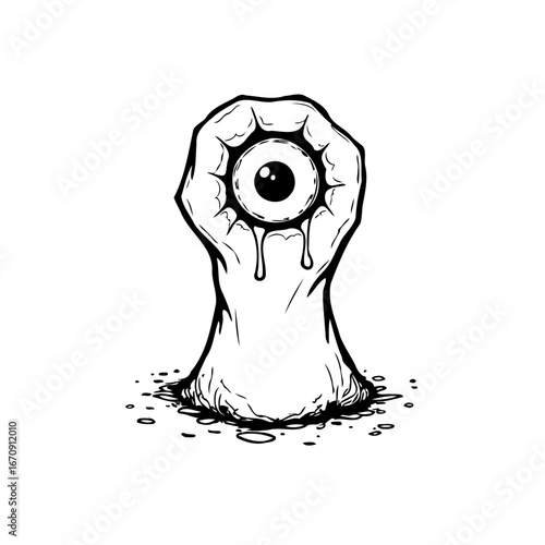 Surreal and unsettling single eye illustration with grotesque dripping character evokes strange