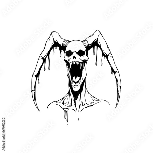 Terrifying sketch of a demonic skull with elongated fingers evokes dread and nightmare fuel art