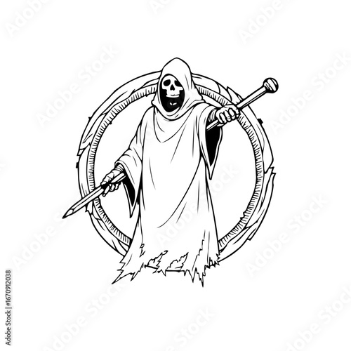 The embodiment of death poised with weapon: A skeletal figure in monochrome artwork representing