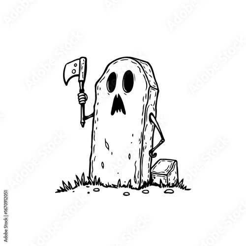 Tombstone character wielding an axe with frightened expression adding quirky humorous touch on a