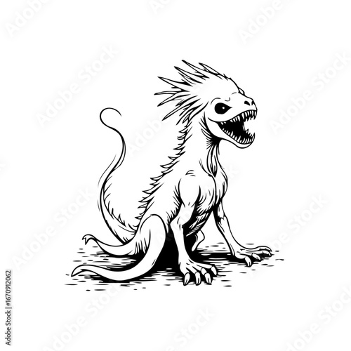 Unique monochrome depiction showcases spiky reptilian creature with exaggerated features and