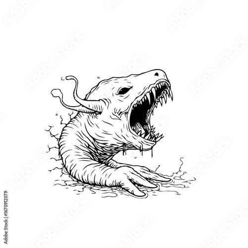 Unleashing otherworldly menace: A monochrome depiction of a creature emerging from chaos hinting