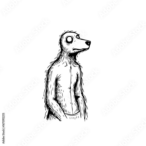 Whimsical creature hand drawn illustration exhibiting surreal canine features looking upwards with