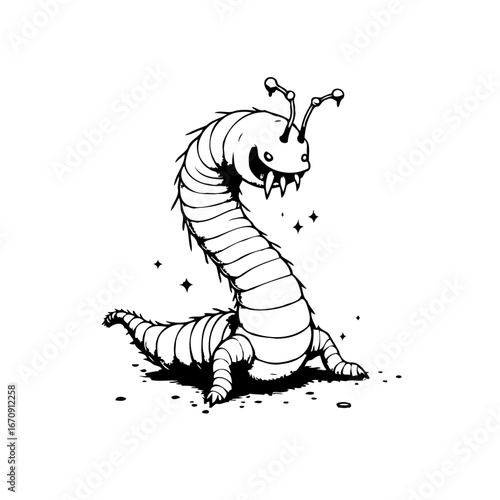Whimsical creature illustration presenting a bizarre monster with segmented body on white plain
