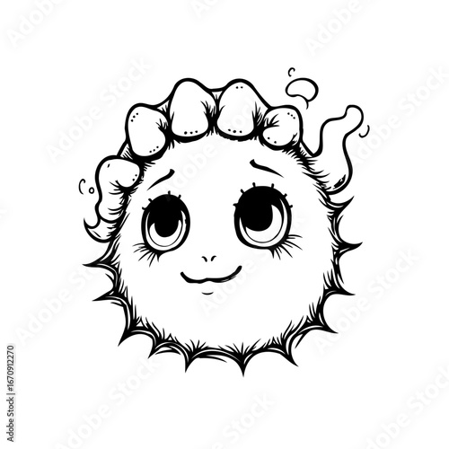 Whimsical creature with expressive eyes and spiky outline evokes a sense of charming uniqueness