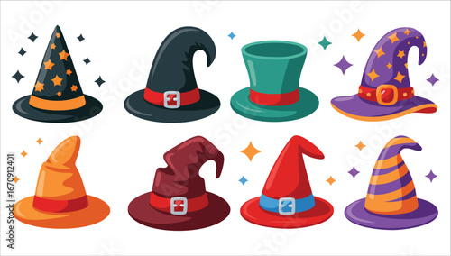 whimsical striped witch hat set for Halloween costumes vector art isolated on white background