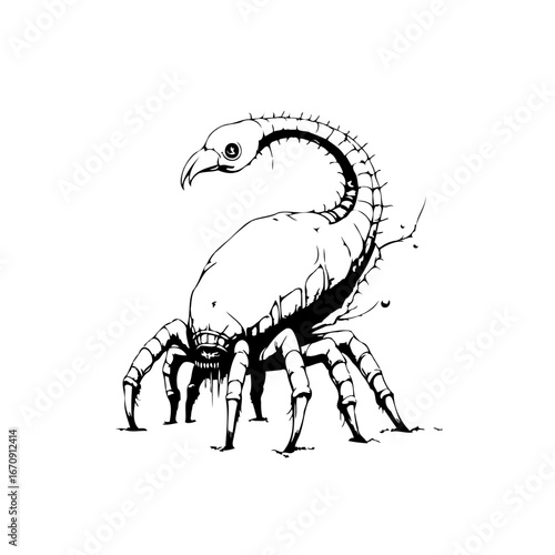 Whimsical fusion of bird and arachnid form in monochromatic ink illustration evokes surreal
