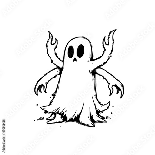 Whimsical ghostly apparition with clawed hands a spooky and ethereal halloween figure illustration
