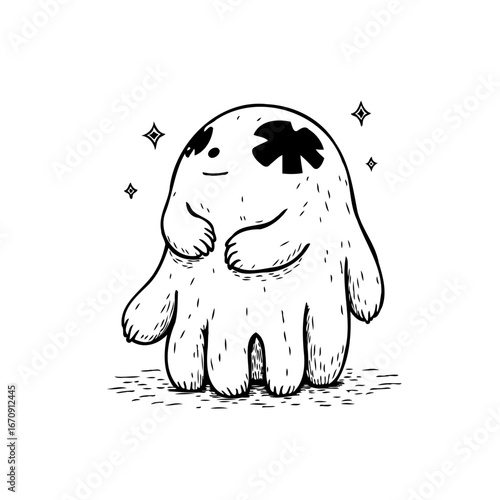Whimsical ghostly character floating with a gentle expression in a hand drawn style creating