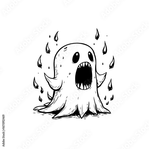 Whimsical halloween illustration of a startled ghost character surrounded by falling dark droplets