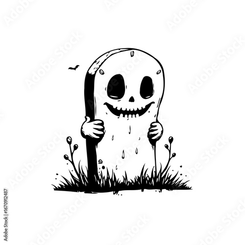 Whimsical halloween tombstone illustration with spooky smiling ghost face and creepy details for