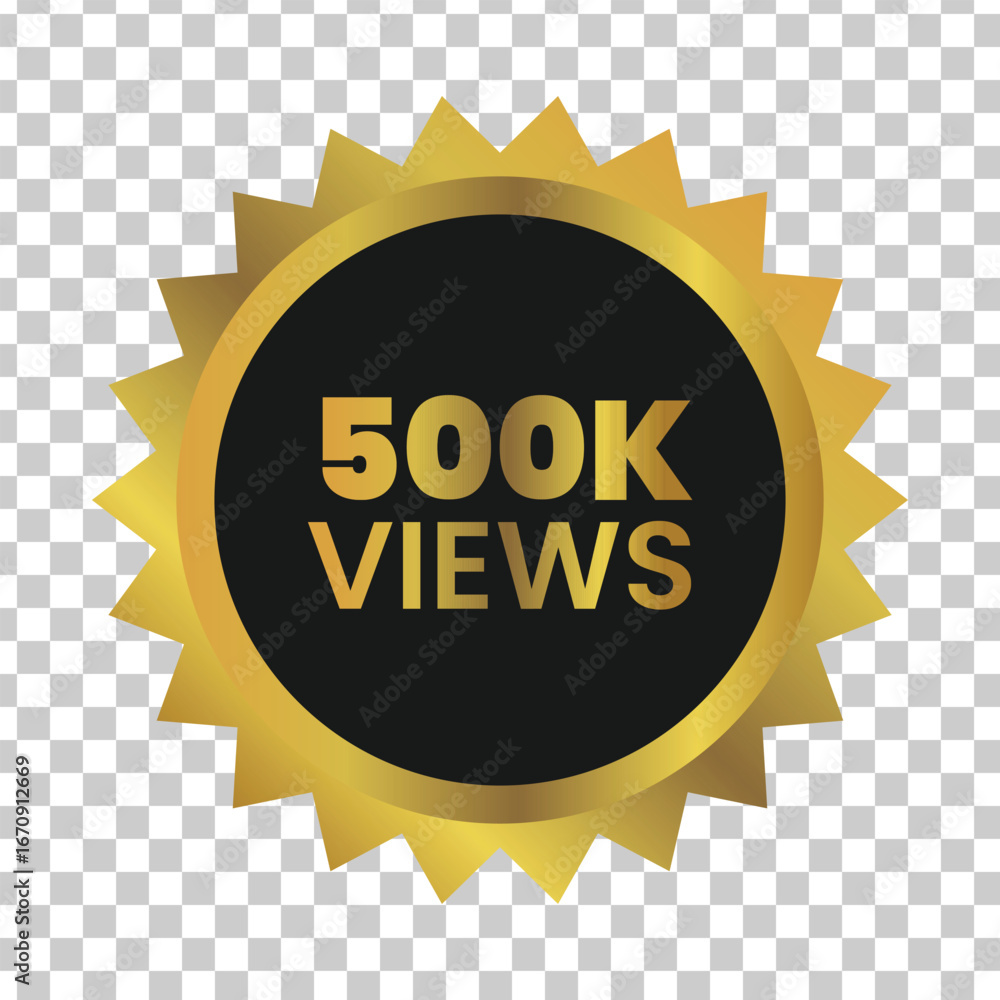 Fototapeta premium Golden starburst badge celebrating 500k views with bold text on a black circle against a transparent background