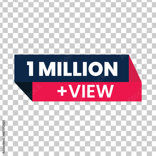 Bold blue and red 3d banner announcing one million views with a plus sign and the word view on a transparent background