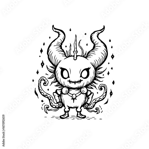 Whimsical horned creature with toothy grin illustration, dark fantasy character drawing for