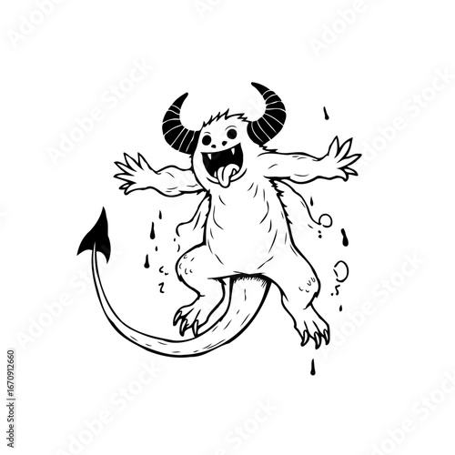Whimsical horned creature with tail, joyful sketch, funny devilish monster art, dancing fantasy